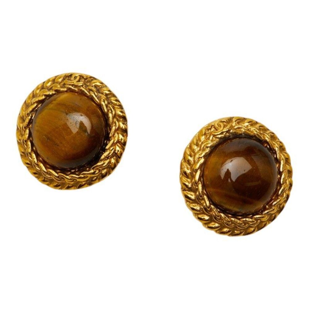 Chanel Coco Mark Round Tiger Eye Clip On Earrings